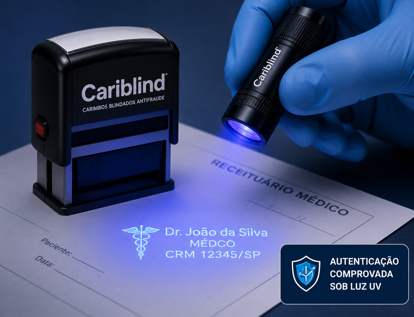Documento autenticado com carimbo Cariblind, revelado sob luz ultravioleta